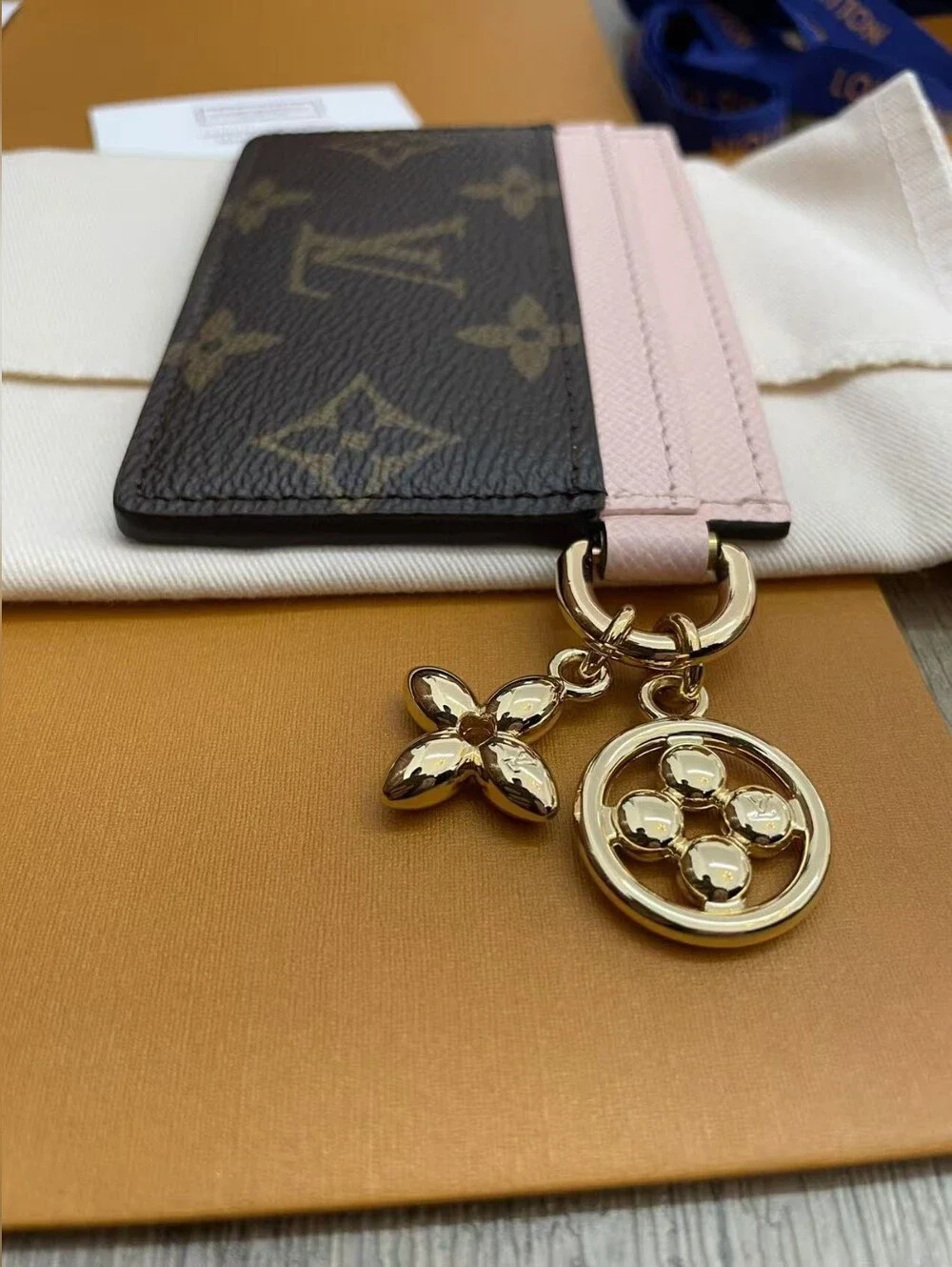 Louis Vuitton Monogram Card Holder with Pink Trim and Gold Charm Keyring